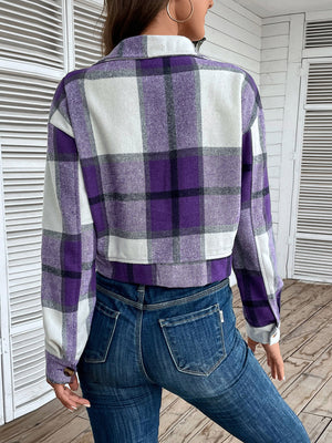 Checked plaid shacket in purple and white with buttoned cuffs and collar.