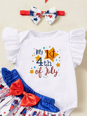Baby outfit set with white bodysuit saying "my 1st 4th of July" and patriotic skirt.
