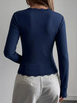 Lace Trim V-neck Ribbed Long Sleeve Blouse in Dark Blue, view 12