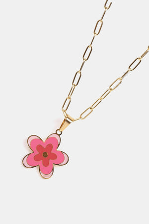 Enamel floral pendant chain necklace with paperclip links, 18K gold-plated, in shades of pink.