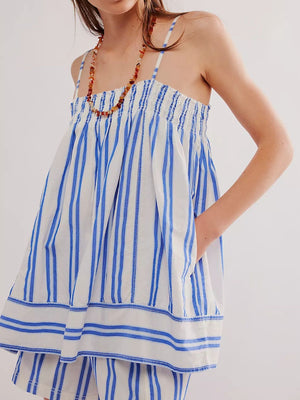 Blue striped smocked cami and shorts set with a relaxed fit and pockets.