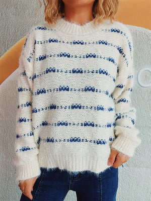 Textured stripe crew neck sweater in white with blue pattern, acrylic knit.
