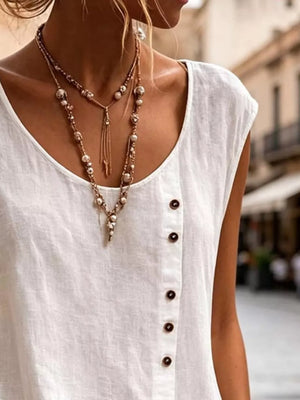 Round Neck Decor Button Tank Plus Size in White, side view