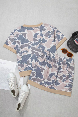Camouflage Short Sleeve Top And Skirt Set, back view