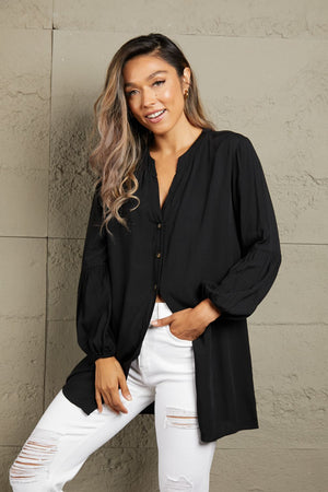 Black oversized mandarin collar blouse with balloon sleeves and button front