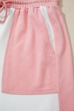 Color block cotton lounge set with pink and white panels and a drawstring waist.