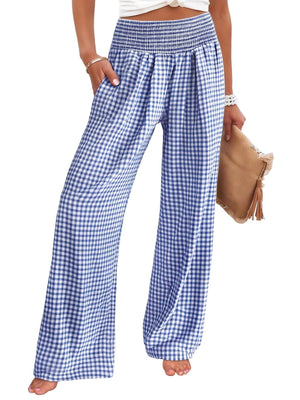Blue gingham smocked high-waist wide-leg pants with pockets.