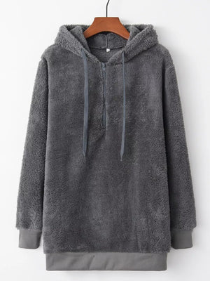 Gray plush fleece half-zip hoodie with drawstring and ribbed cuffs.