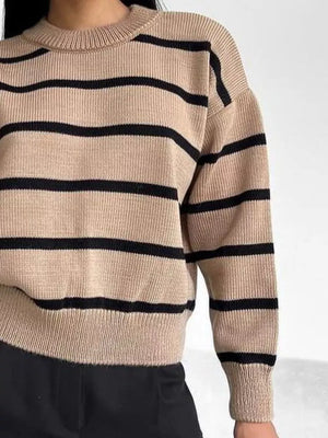 Classic striped knit sweater with round neck in taupe and black.