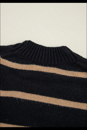 Chunky stripe button-down cardigan in black and beige acrylic with ribbed neckline.