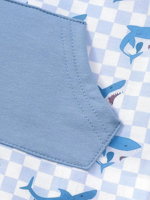 Blue baby hoodie set with checkered pattern and shark graphic detail.