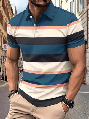 Men's striped polo shirt with color blocking in navy, cream, peach, and black.