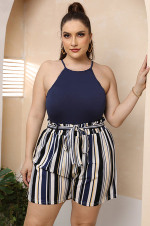 High-neck ribbed bodysuit in navy blue with a tie-waist striped shorts.