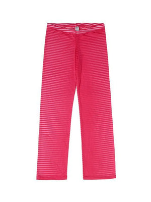 Horizontal stripe sheer flare trousers in strawberry pink with a comfortable elastic waistband.