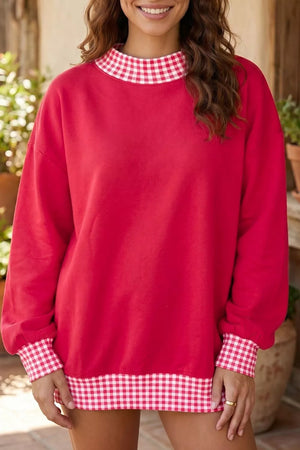 Colorblock Polka Dot Contrast Trim Oversized Sweatshirt in Scarlet, front view