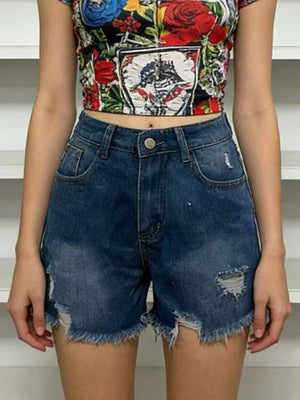 Dark blue denim shorts with distressed details and frayed hem