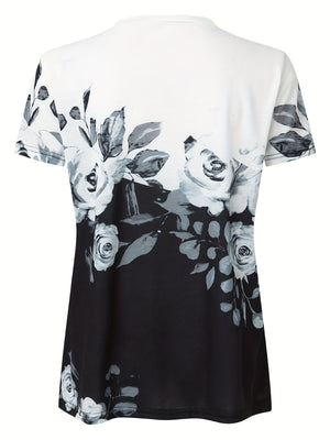 Black and white floral print blouse with short sleeves and a rounded neckline.