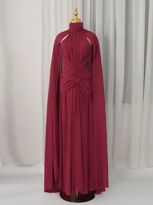 Ruched Halter Neck Cape Maxi Dress in Red, close-up detail