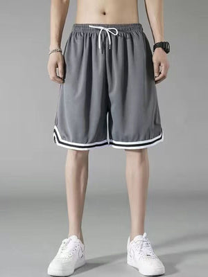 Men's dark gray athletic shorts with white drawstring and striped trim