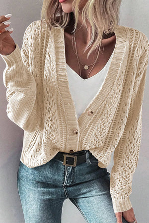 Taupe knit cardigan with mesh detail and button front, styled with a white tank and jeans.