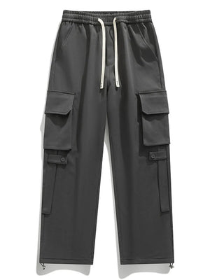 Grey cargo pants with drawstring waist and multiple button-flap pockets.