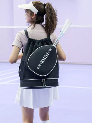 Black drawstring backpack with racket compartment and white trim, holding two rackets.