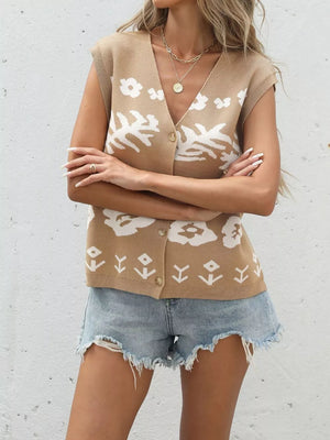 Tan floral pattern V-neck button-down knit cardigan vest with white floral print