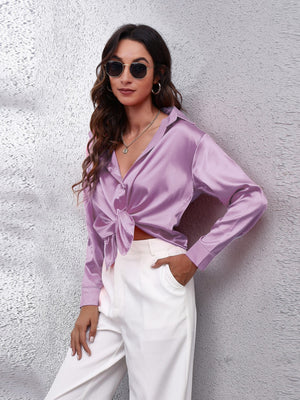 Lilac satin button-up shirt with knot detail and effortless drape.