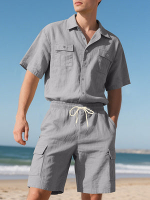Grey relaxed-fit button-up shirt and drawstring cargo shorts set for men.