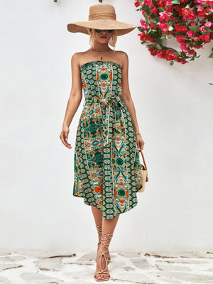 Green printed bandeau midi dress with asymmetric hem and belt