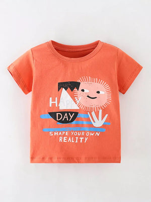 Coral cotton t-shirt with a joyful sun graphic and "Happy Day" text.