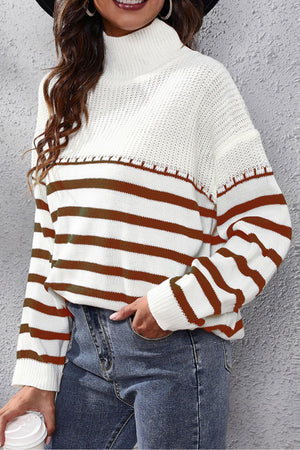 Turtleneck sweater with brown and white Breton stripes, acrylic knit, detailed neckline.