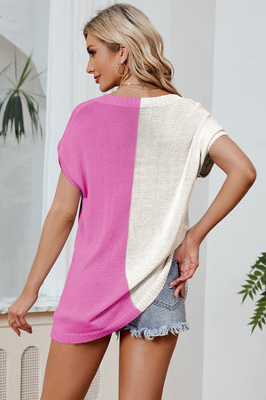 Split-tone knit tee with dolman sleeves in pink and tan, featuring a relaxed fit.