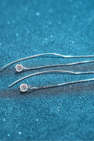 Silver cascading moissanite threader earrings with box chain detail.