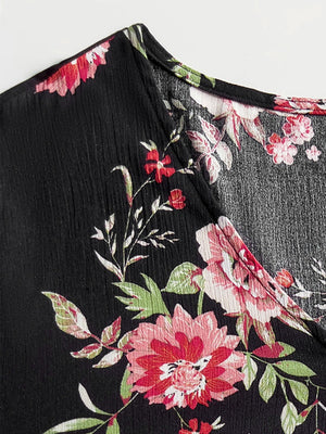 Black floral print viscose maxi dress with V-neck and bell sleeves detail