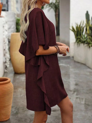 Burgundy mini dress with ruffled sleeves and V-neck, casual style.