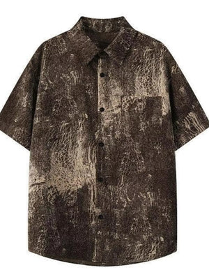 Men's oversized short sleeve shirt in coffee brown with abstract floral print.