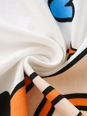 White cotton t-shirt with blue and orange rocket graphic details.