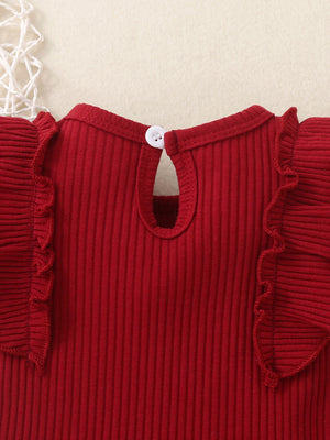 Red ribbed baby set with ruffle trim sleeves and button back closure.
