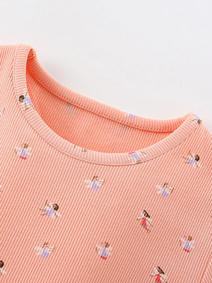 Coral ribbed cotton crew neck dress with dancer print for baby girls.