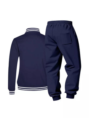 Navy striped two-piece men's track suit set with ribbed cuffs and collar.