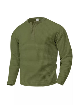 Plus-size waffle knit henley t-shirt in Army Green with button placket.
