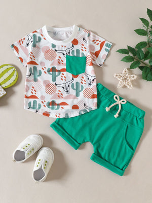 Baby set with cactus and bull skull print white tee and green shorts