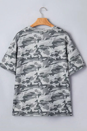 Camouflage v-neck relaxed tee with short sleeves and a grey camo pattern.