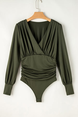 Army green long sleeve bodysuit with draped V-neck and ruched waist detail