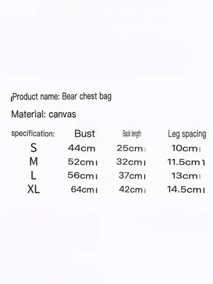 Bear chest bag size chart: canvas material, bust, back length, leg spacing for S, M, L, XL.