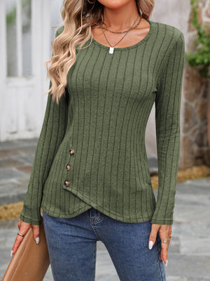 Moss green ribbed knit top with round neck and button detail on asymmetric hem