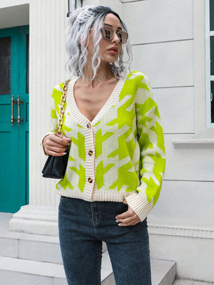 Geometric houndstooth v-neck cardigan in lime and cream acrylic with button front.