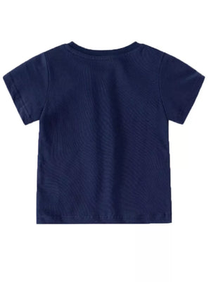 Navy blue cotton crew neck toddler t-shirt with short sleeves.