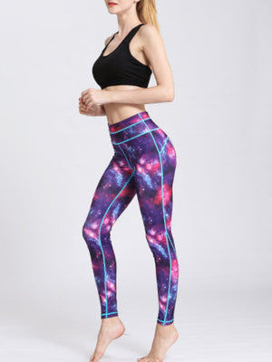 Purple cosmic print contour leggings with blue piping